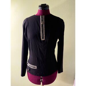 Vintage 1930s Black Crepe Top Blouse Rhinestone Embellished Size S